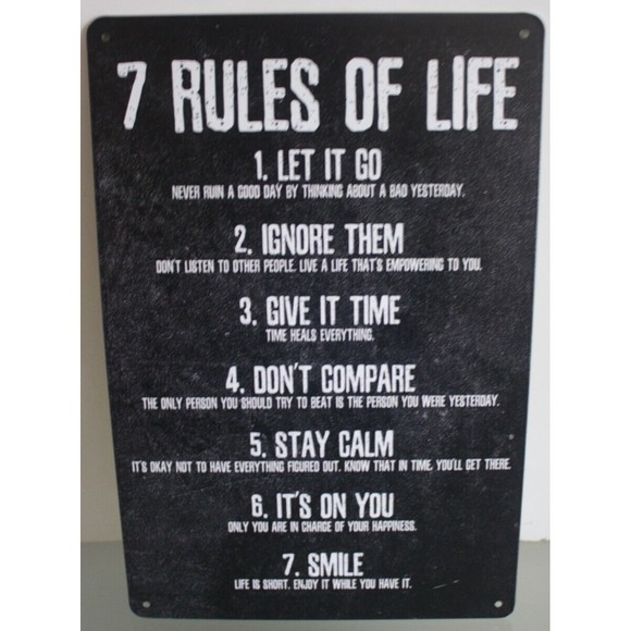Inspirational Quote Metal Tin Sign Wall Decor 7 Rules of Life Motivational 8x12" - Picture 1 of 2